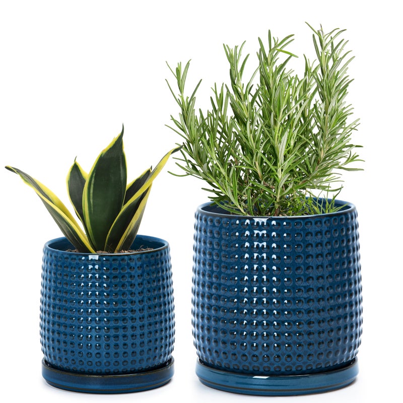 D'vine Dev 6 Inch 4 Inch Ceramic Indoor Planter Pots with Drainage Hole and Saucer, Beaded Design Flower Pots, Set of 2, Blue, 27-D-U-3 - Image 1